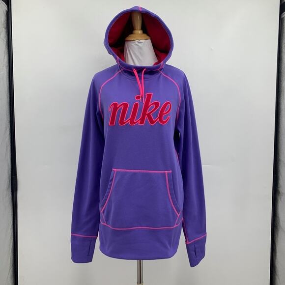 Nike Sweatshirt Women M Medium Therma Fit All Time Fleece Script Hoodie Oversize - Picture 2 of 13